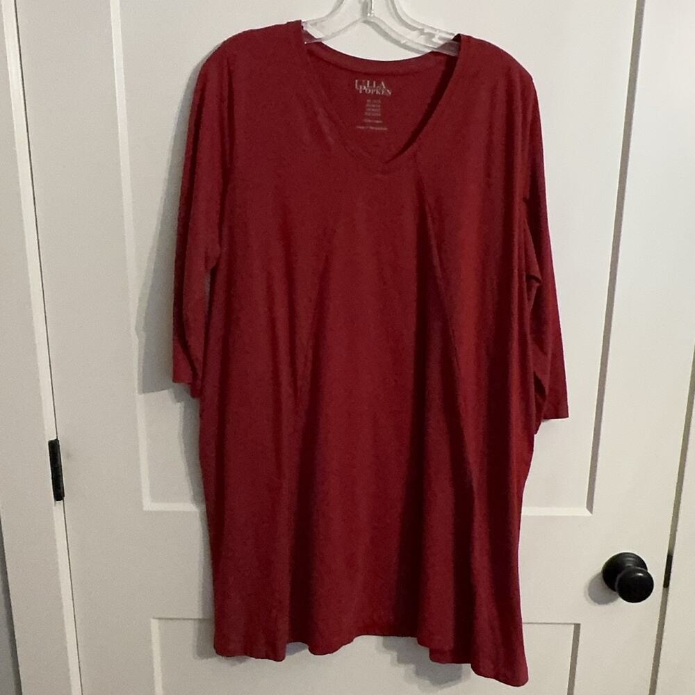 Ulla Popken Red Tunic T-Shirt 16/18 Cotton V-Neck 3/4 Sleeve LagenLook Comfy